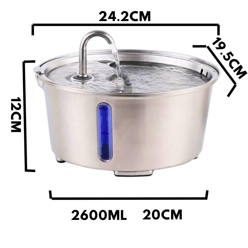 2.6L Stainless Steel Pet Fountain — Large Capacity, Quiet & Easy to Clean