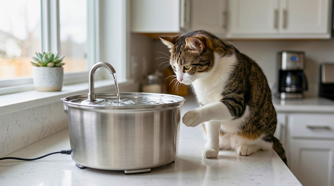 Cat sitting beside a water bowl looking at the water